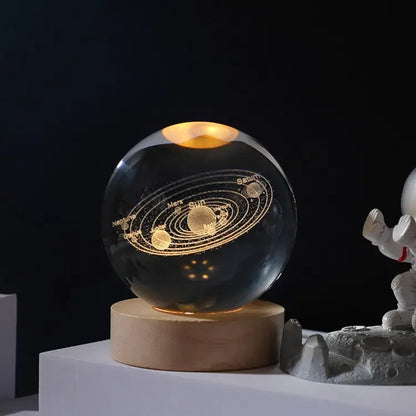 Projector USB 3D Solar System Crystal Ball Lamp With Wooden Base Led Display Stand - PalmShop