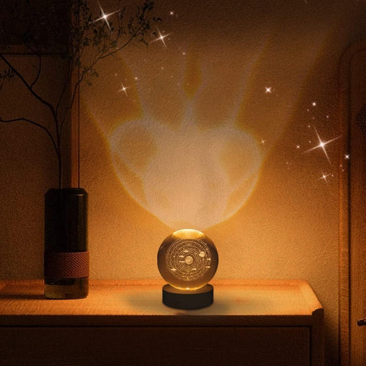 Projector USB 3D Solar System Crystal Ball Lamp With Wooden Base Led Display Stand - PalmShop