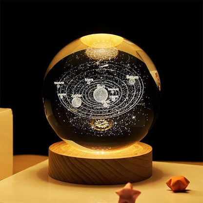 Projector USB 3D Solar System Crystal Ball Lamp With Wooden Base Led Display Stand - PalmShop