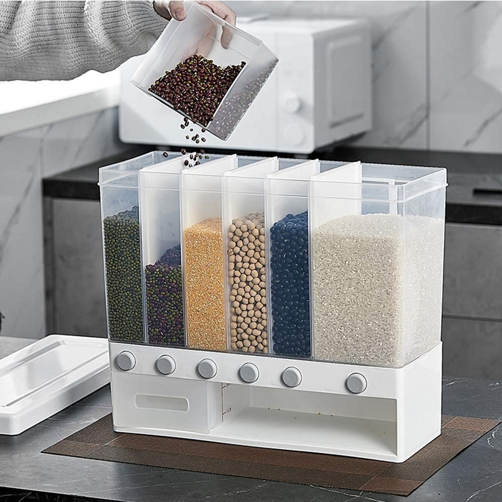 6-Grid Wall Mounted Food Dispenser, Whole Grains Rice Bucket, Large Capacity Storage Dry Food Dispenser