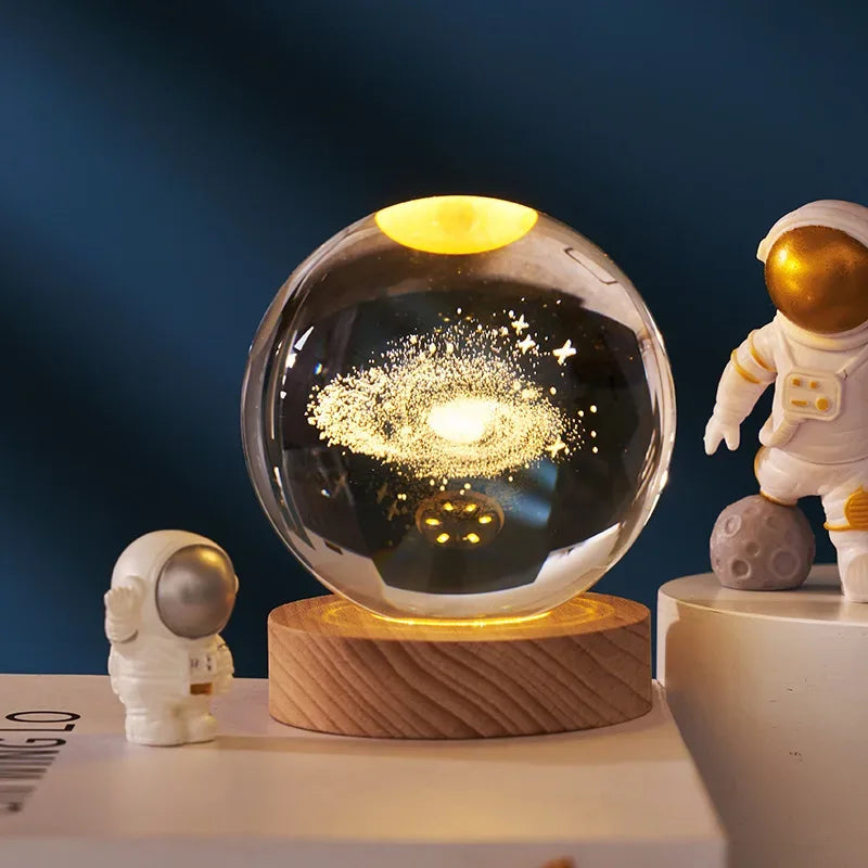 Projector USB 3D Solar System Crystal Ball Lamp With Wooden Base Led Display Stand - PalmShop