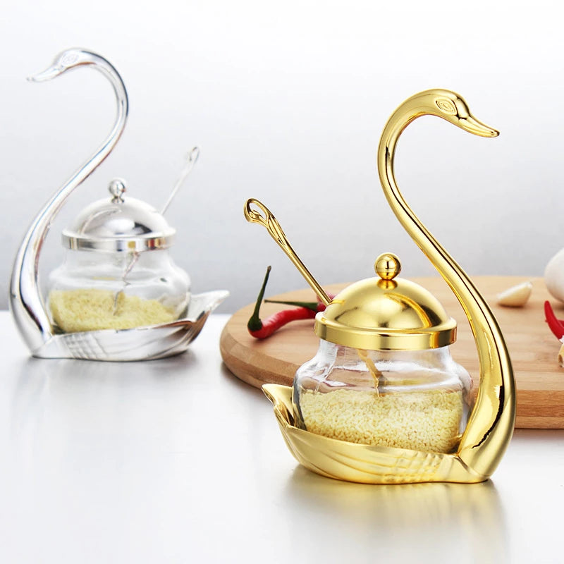 Aluminum Alloy Condiment Pot Seasoning Container Spice Glass Jar Salt Sugar Bowl Pepper Coffee Storage Organizer Swan Rack Set